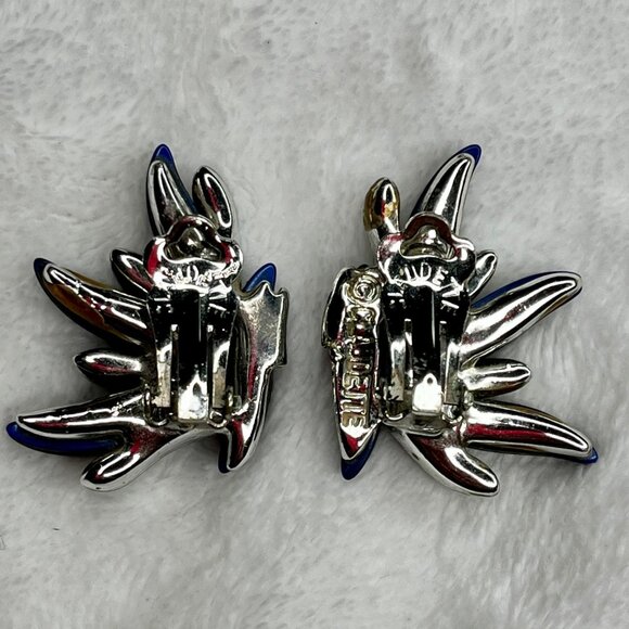 Vintage Claudette blue Enamel & Silver Tone Clip-On Earrings - Picture 2 of 3
